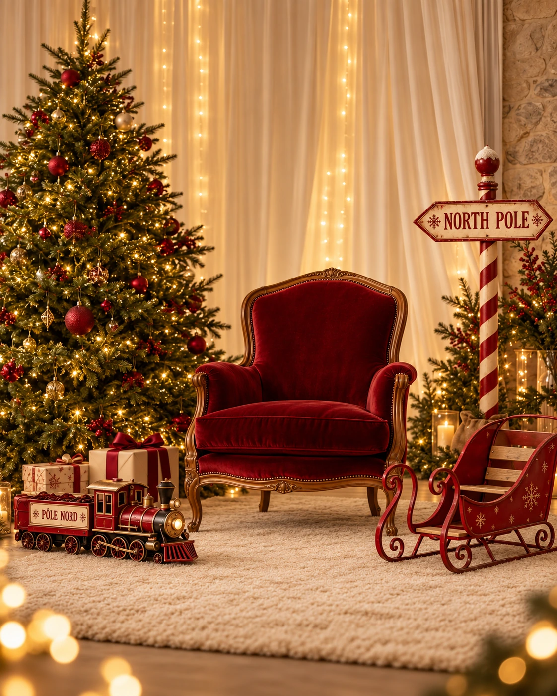 Inspiration du décor de Noël avec fauteuil rouge, sapin illuminé et accessoires pour enfants